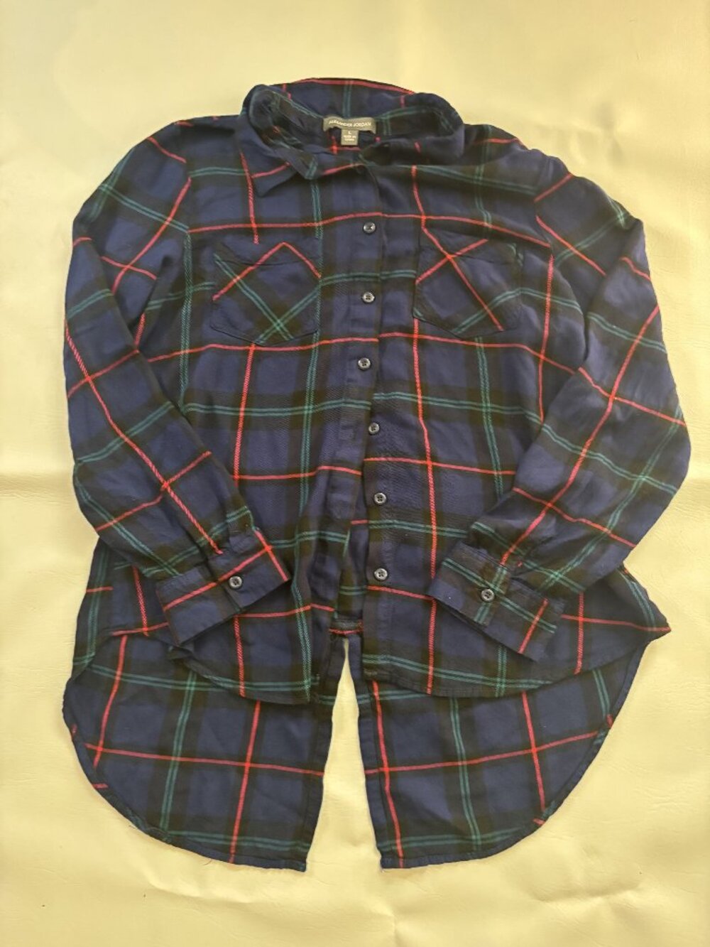 Alexander Jordan Womens Blue Plaid Button-Down Shirt Long Sleeve High-Low Hem Si